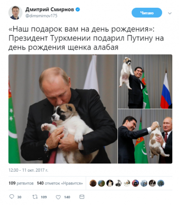 «Жалко щенка»: соцсети высмеяли фотографию Путина и его нового друга